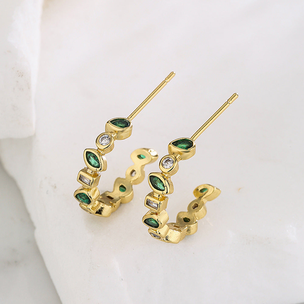 Geometric Earrings for Women in Copper with 18K Gold Plating and Green Zirconia, Fashion-Forward Minimalist Design
