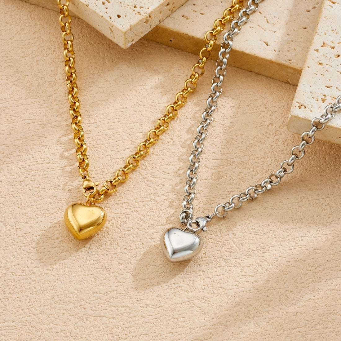 Minimalist Punk Gold Plated Stainless Steel Heart Pendant Cable Chain Necklace