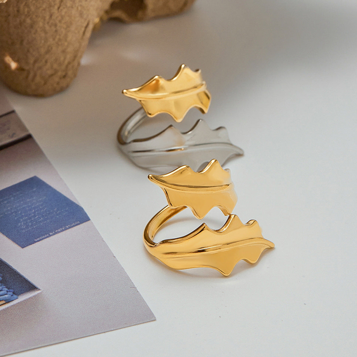 Minimalist Geometric Leaf Pattern Plated Stainless Steel Ring for Women