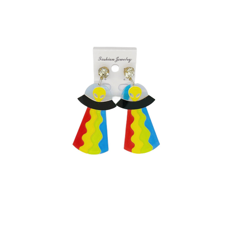 Pendientes de platillo volador alienígena OVNI con luna, estrella, vaca, gato y arco iris de acrílico extragrande para mujer con detalle cortado a láser