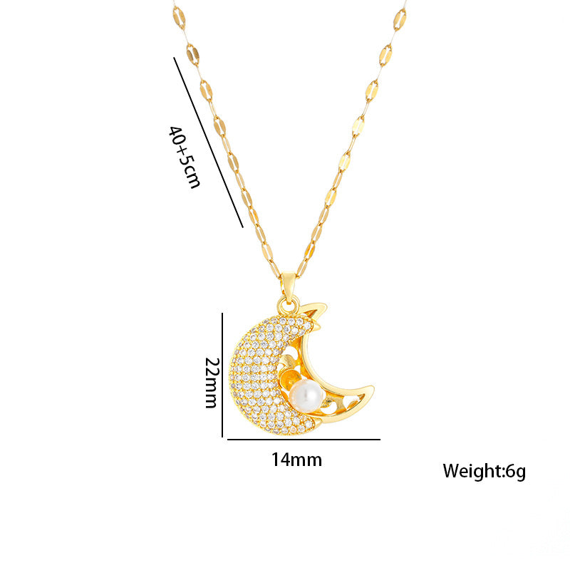 Collana di lusso in acciaio al titanio a forma di luna e cuore con perla e ciondolo a conchiglia su catena ondulata da donna