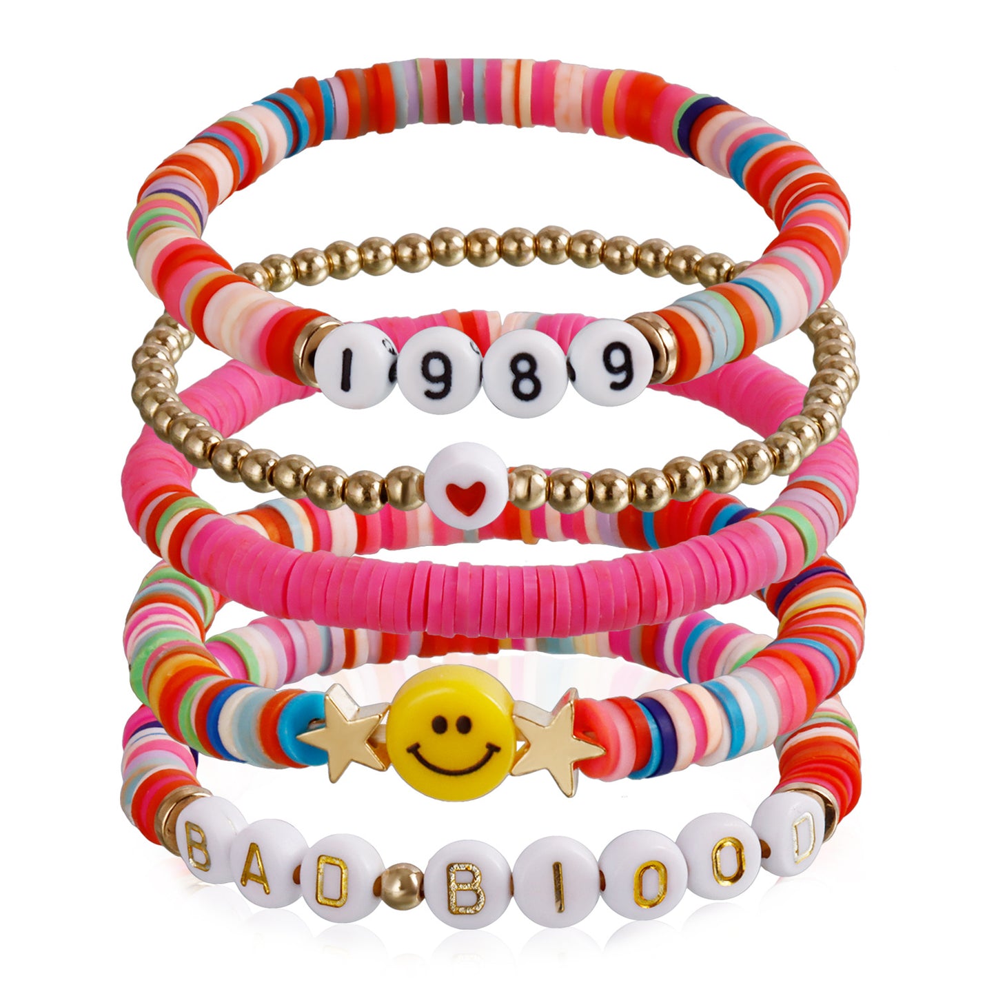 Ins Style Geometric Polymer Clay Letter Bracelet Set for Women with Plated Finish in Vibrant Red Tones