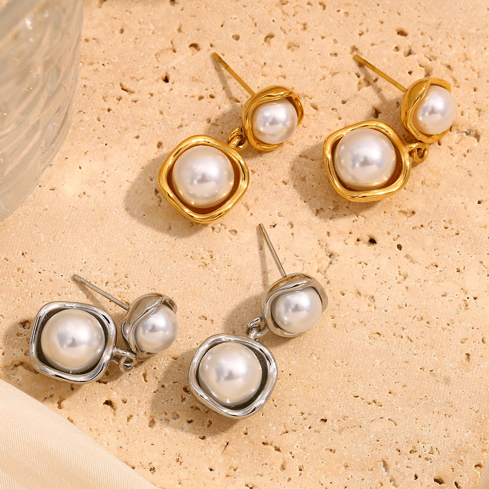 Minimalist Geometric Stainless Steel Earrings with 18K Gold Plating and Mixed-Size Pearls for Women