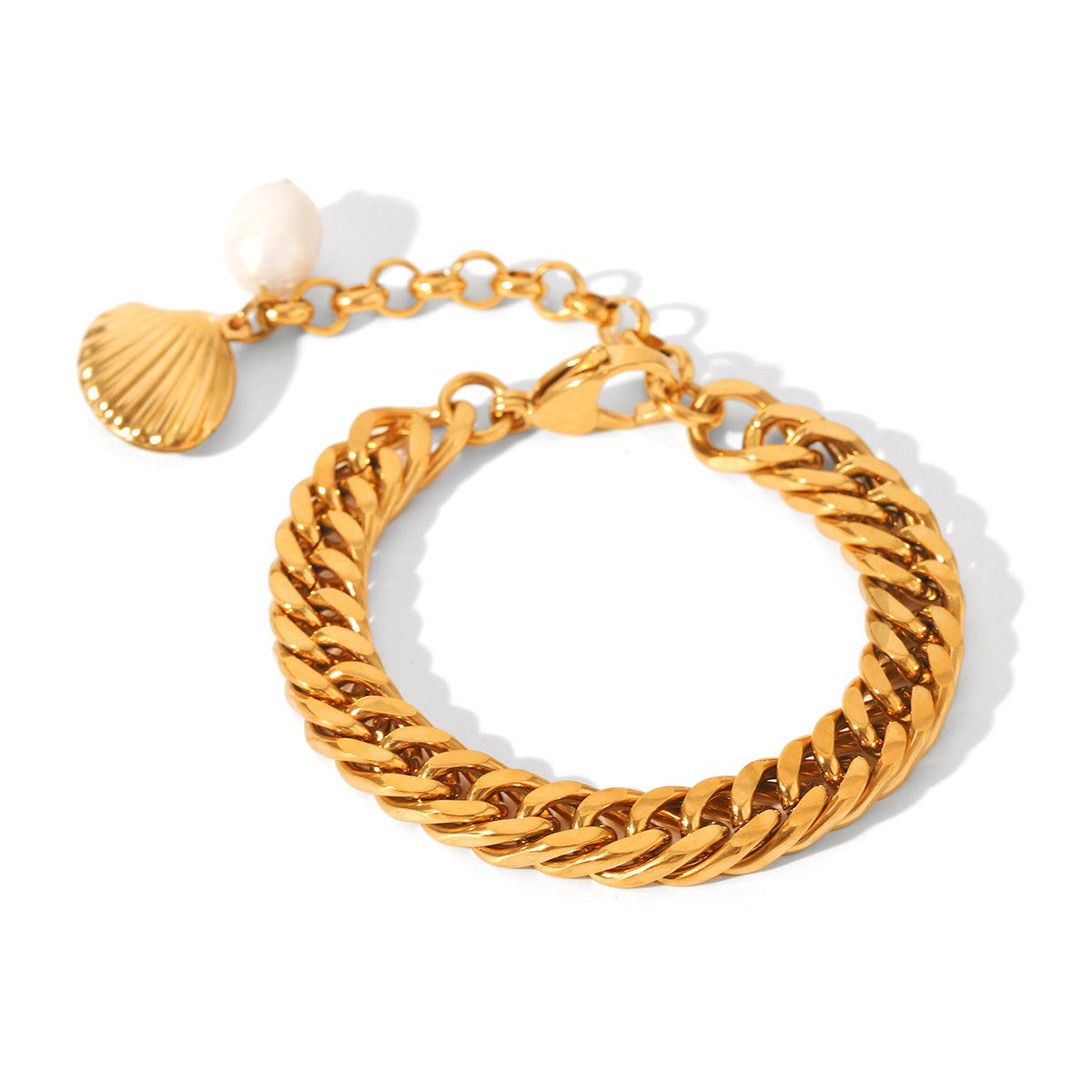 Bracciale da donna minimalista geometrico con perle d'acqua dolce e conchiglie, in acciaio inossidabile placcato oro 18K