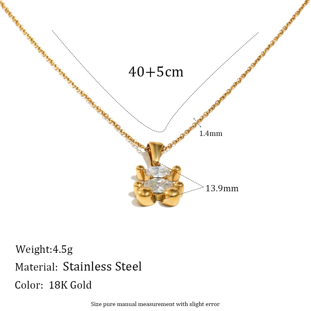Casual 18K Gold Plated Stainless Steel Bear Cubic Zirconia Pendant Necklace for Women