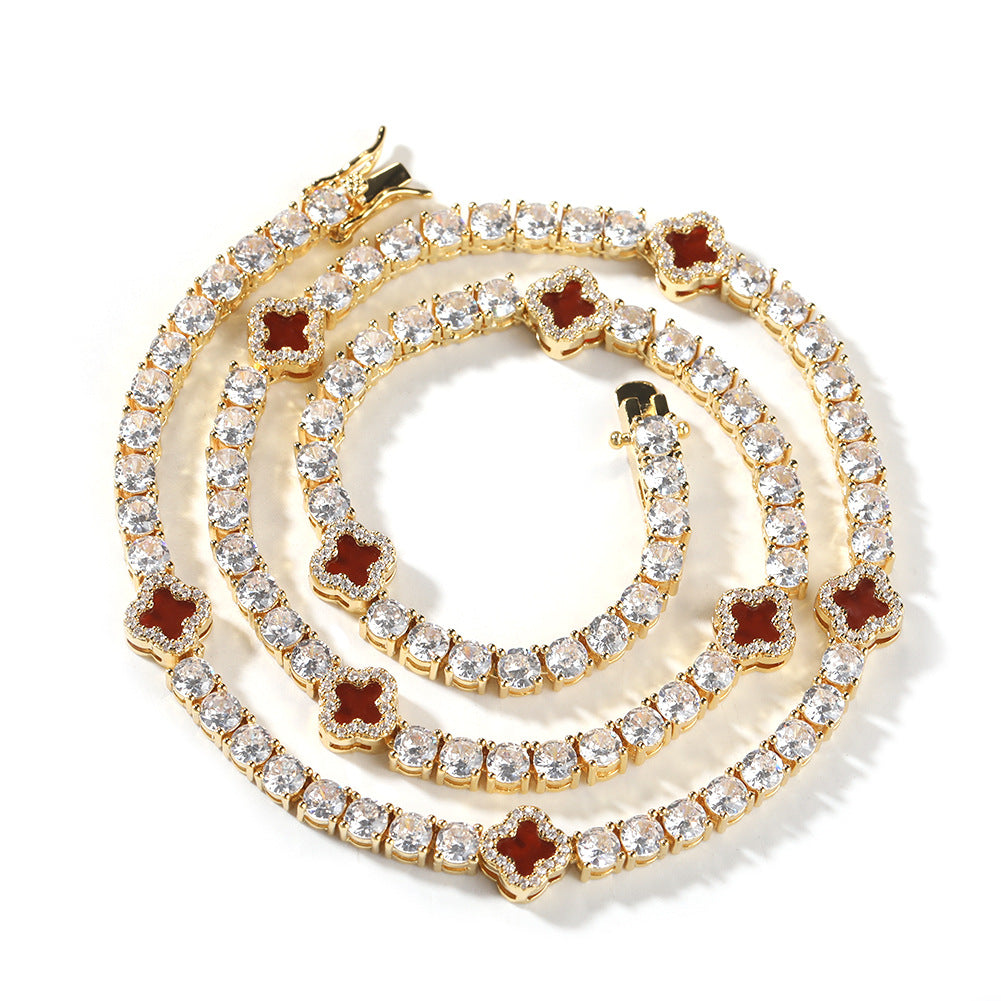 Four-Leaf Clover Rhinestone Inlay Brass Tennis Chain Necklace for Women