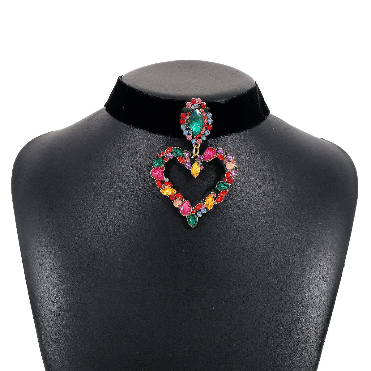 Collana girocollo da donna in lega e tessuto intarsiata con strass a forma di cuore, stile dolce e grintoso