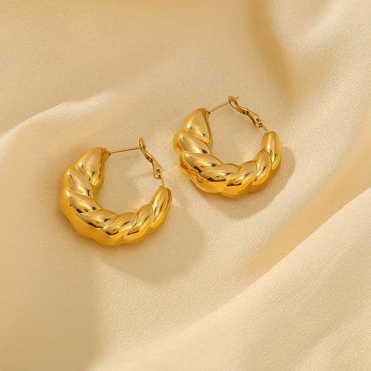 Pendientes de aro pulidos de acero inoxidable geométricos minimalistas con textura de cruasán para mujer