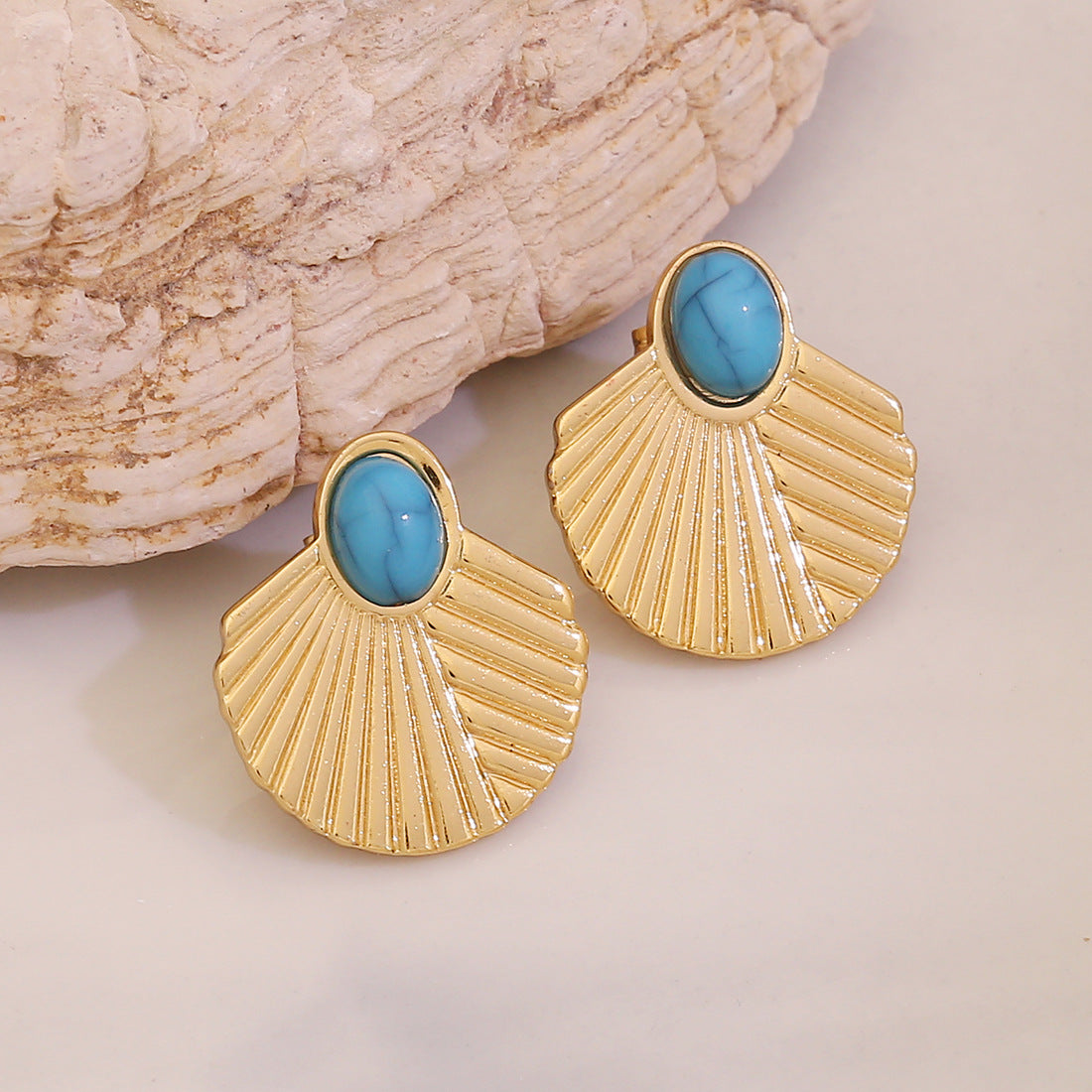 Vintage Geometric Stainless Steel Earrings with 18K Gold Plating and Turquoise Inlay