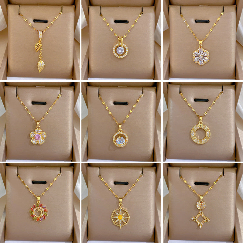 Minimalist Geometric Titanium Steel Necklace with Gold Plated Brass Pendant and Rhinestone Inlay