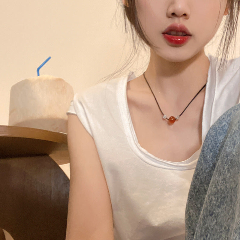 Collar de clavícula chapado en acero titanio con forma de animal, diseño original, con colgante de ágata roja y ojo de gato para mujer y hombre
