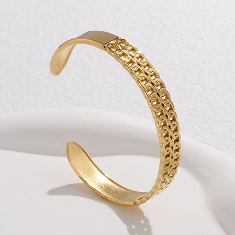 Bracciale placcato in acciaio inossidabile geometrico da donna con design traforato e dettaglio catena