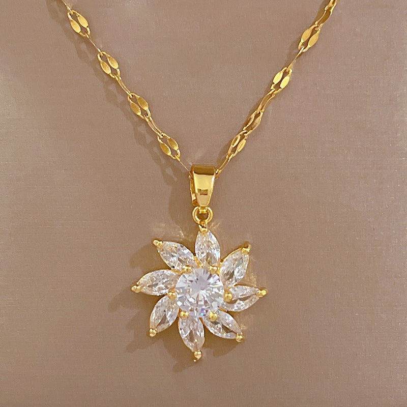 Luxury Titanium Steel Micro-Pave Rotating Flower Necklace and Earrings Set for Women Elegant Party Jewelry