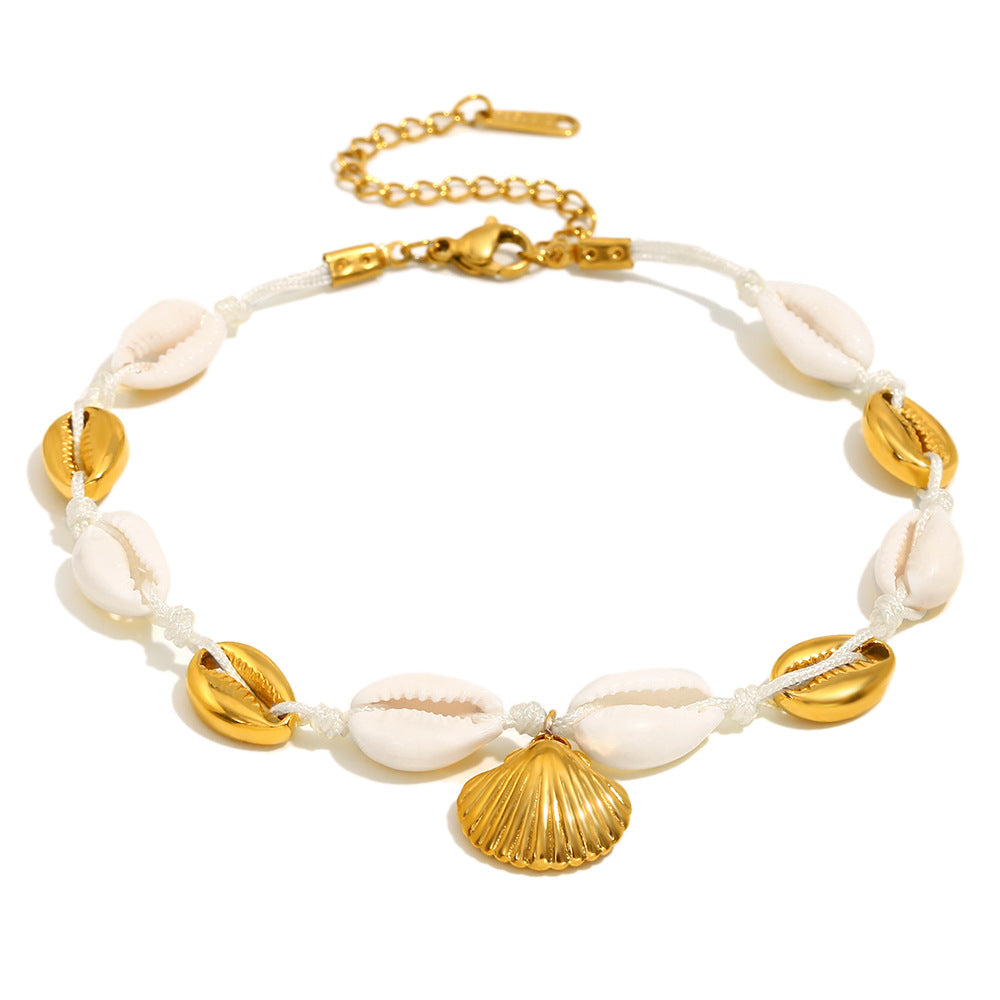Bohemian Style Geometric Stainless Steel Plated 18K Gold Shell and Scallop Anklet for Women
