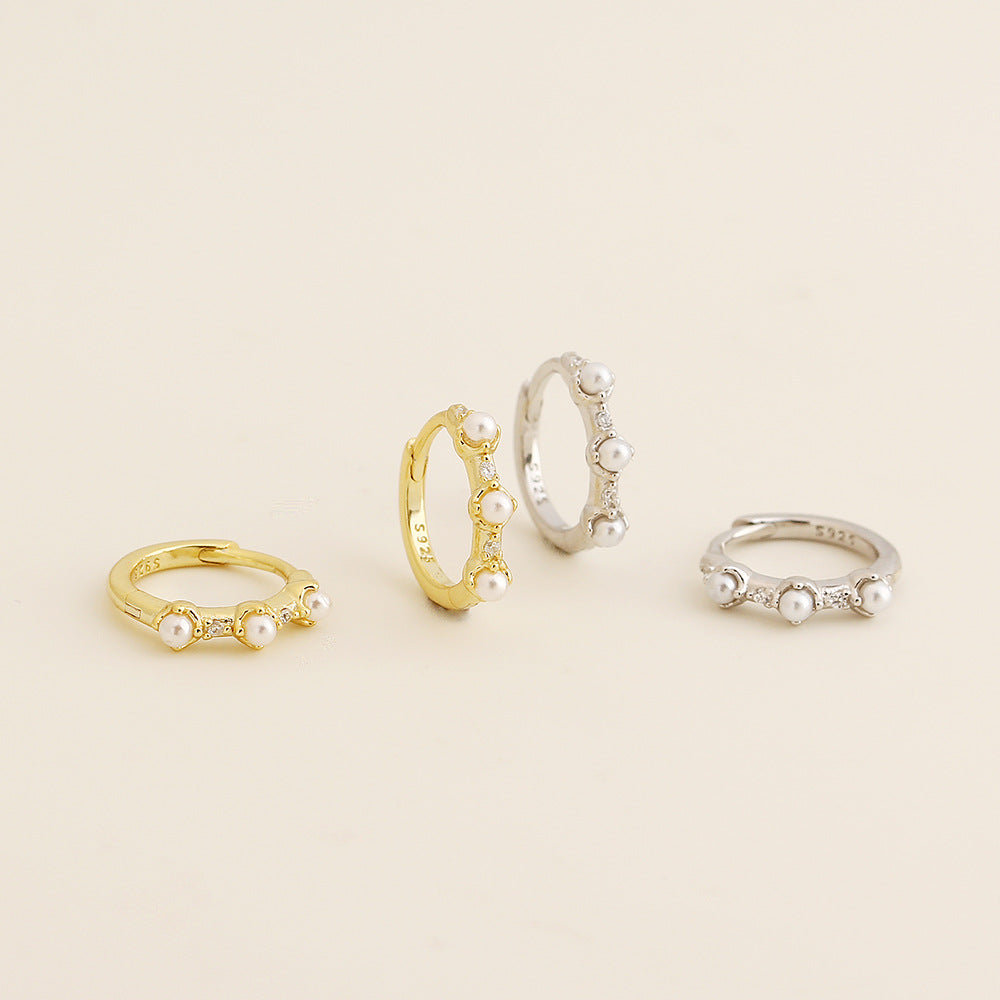 Elegantes pendientes de perlas y diamantes de imitación geométricos de plata de ley 925 con acabado chapado para mujer