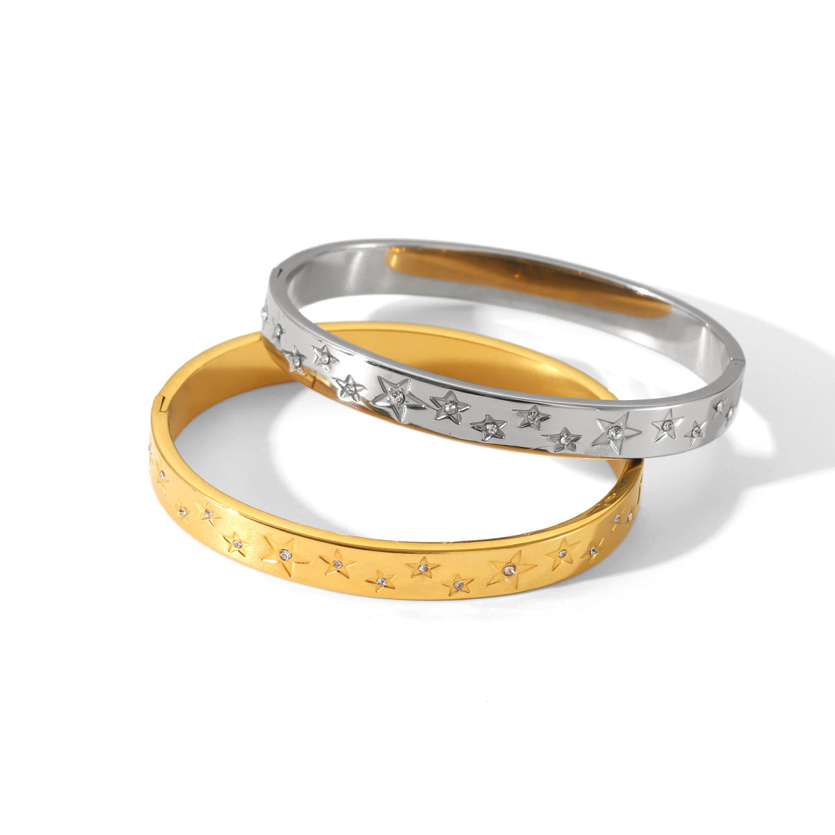 Bracciale da donna in acciaio inossidabile a forma di stella, minimalista, con strass intarsiati e finitura placcata