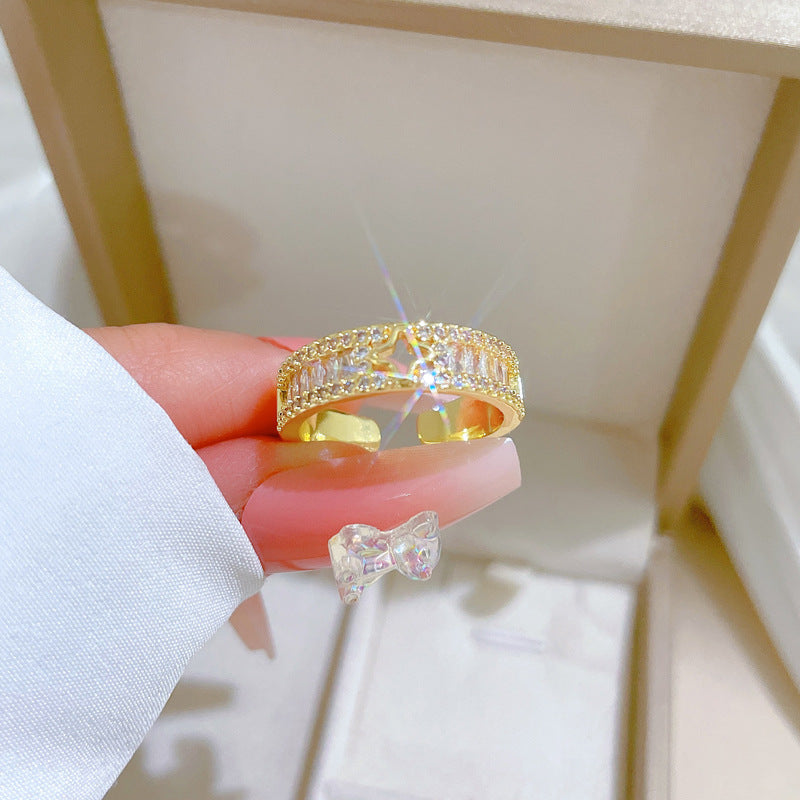 Sweet Minimalist Gold Plated Brass Crown Rhinestone Adjustable Ring for Women and Couples