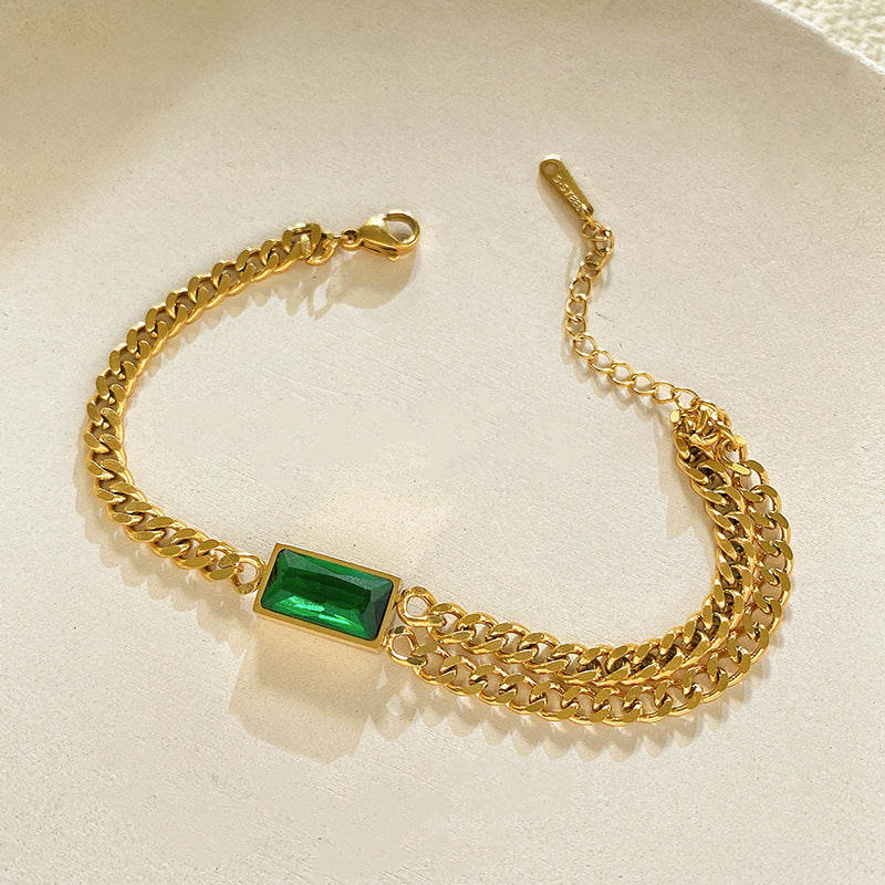 Green Cubic Zirconia Geometric Titanium Steel Plated Layered Necklace Set