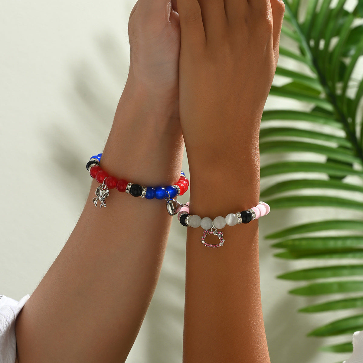 Set di bracciali a forma di gatto con strass e cuore, in vetro, accessorio di moda per uomo e donna