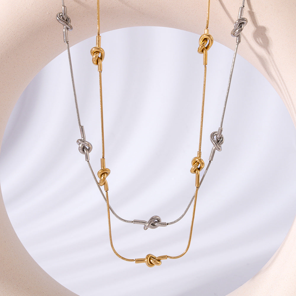 Asymmetrical Geometric Knot Stainless Steel Necklace with 18K Gold Plating for Women
