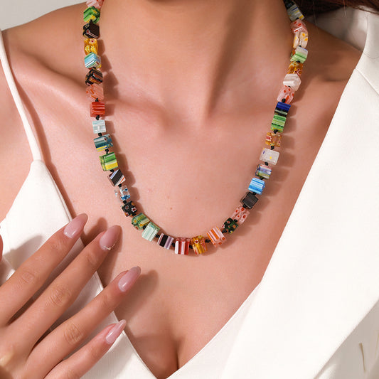 Unique Geometric Round Murano Glass Bead Stainless Steel Plated Alloy Pendant Multi-layer Cable Chain Necklace for Women