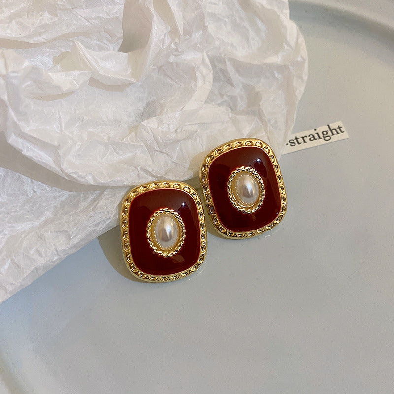 Elegant Geometric Dangle Stud Earrings for Women with Red Tassels, Alloy Base and Gold Plated Finish