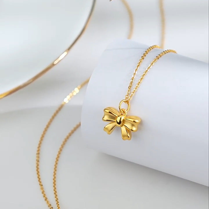 Minimalist Butterfly Bow Pendant Necklace for Women Titanium Steel Plated Delicate Clavicle Chain with Irregular Design