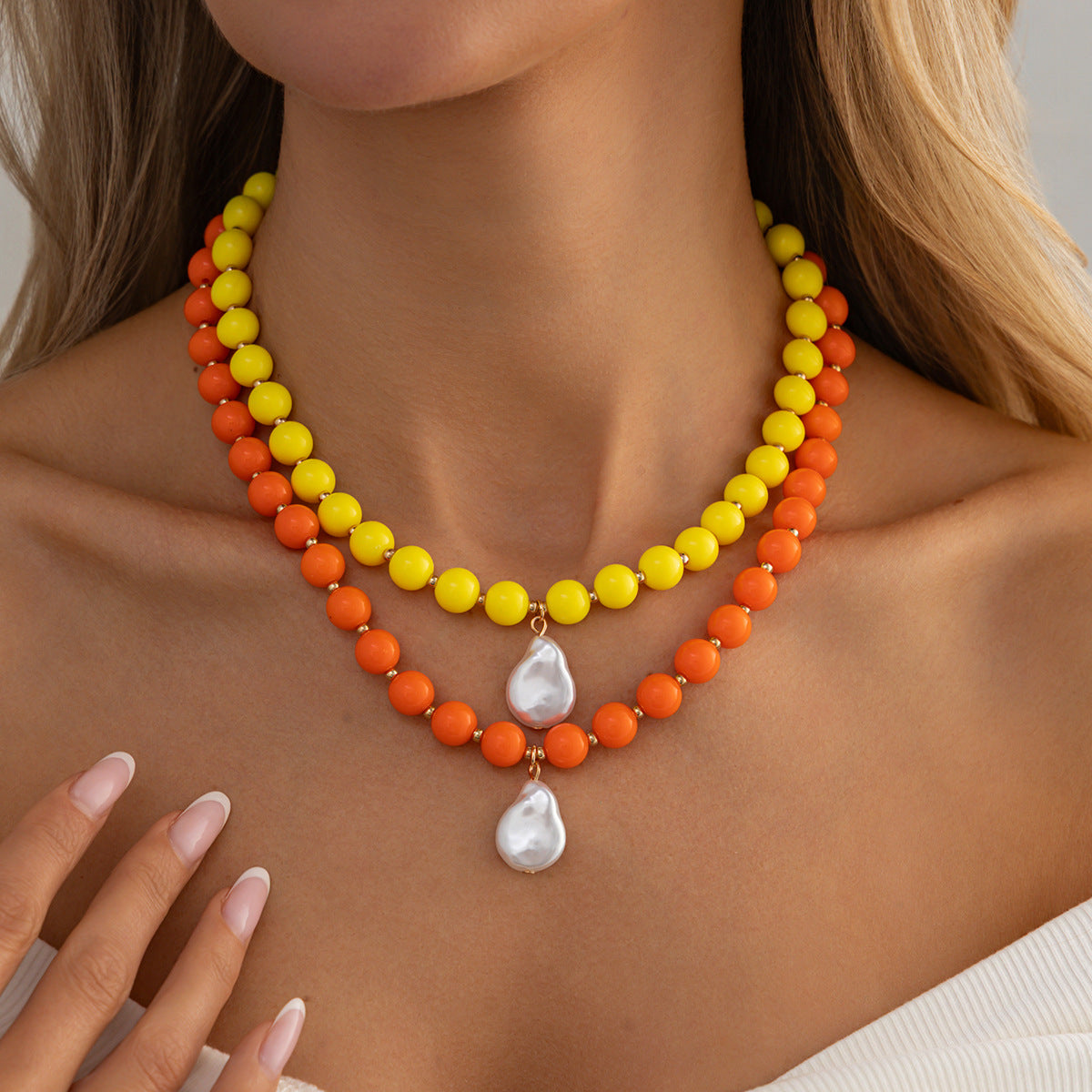 Vintage Geometric Acrylic Beaded Necklace with Baroque Pearl Pendant for Women