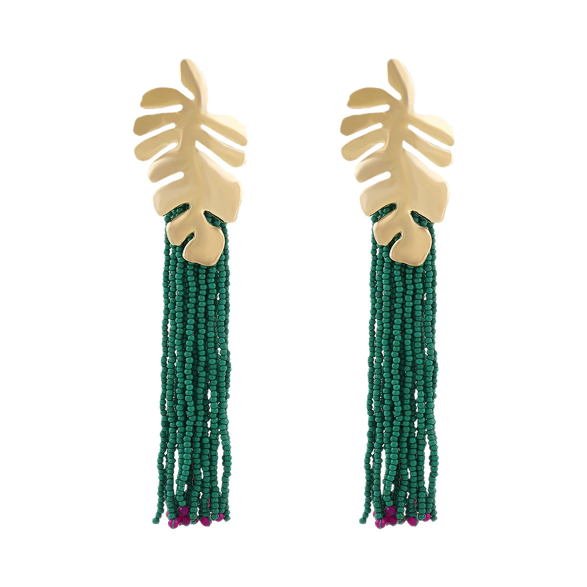 Bohemian Style Hand-Strung Beaded Tassel Long Leaf-Shaped Alloy Earrings for Women