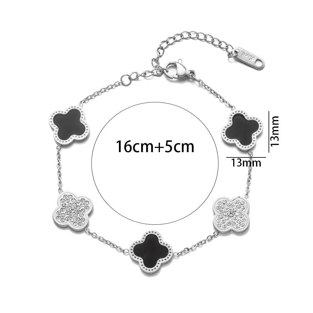 Fashion 18K Rose Gold Plated Titanium Steel Four-Leaf Clover Rhinestone Bracelet for Women