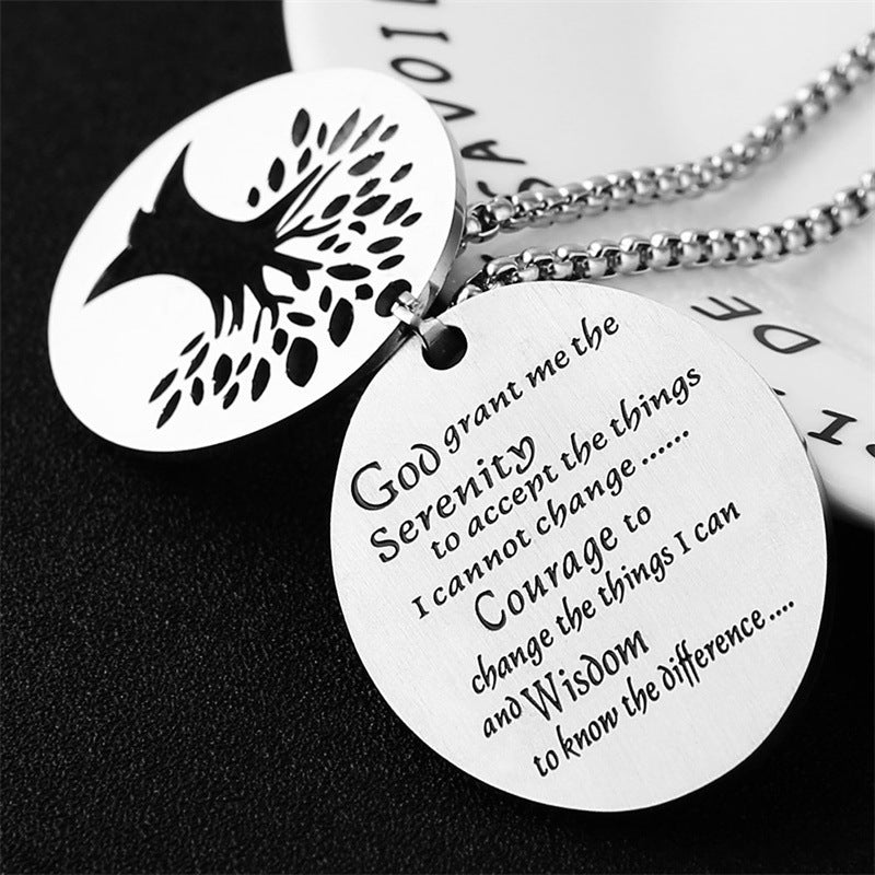 Natural Style Oval Double-Layer Stainless Steel Necklace with Polished Titanium Steel Prayer Pendant