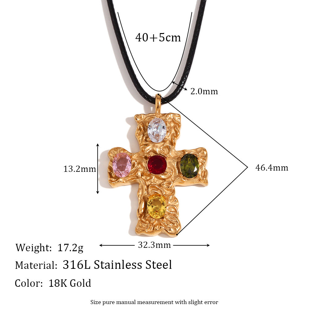 Vintage-Inspired Geometric Cross Pendant Necklace in Titanium Steel with 18K Gold Plating and Hammered Multicolor Texture on Black Cord