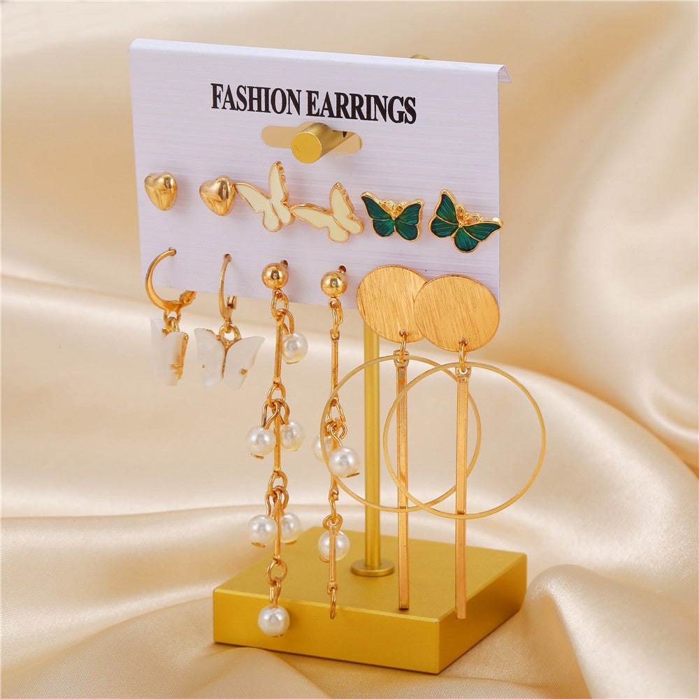 Fashion Butterfly Drip Oil Alloy Hoop Earrings with Pearl Studs for Women