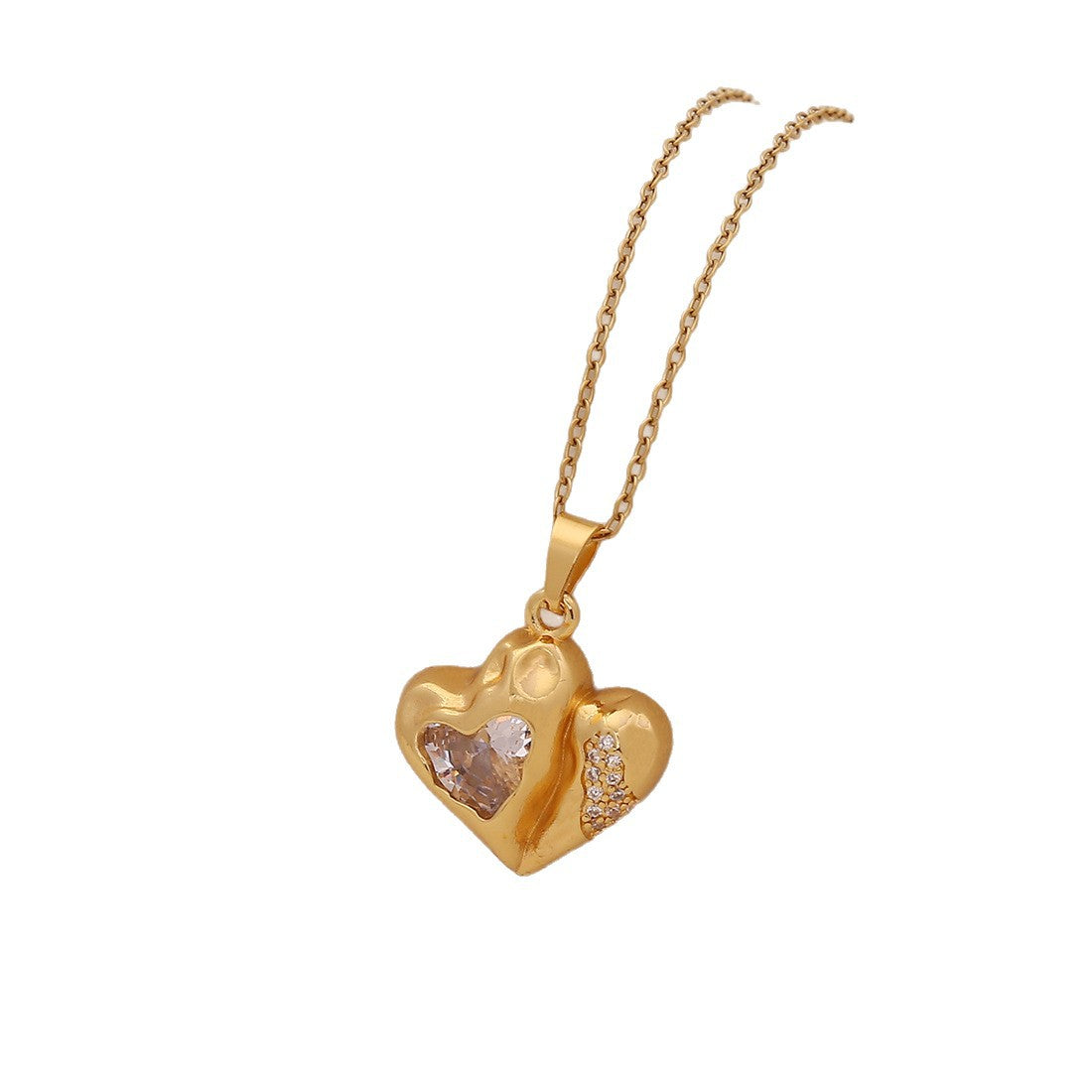 Fashionable Heart-Shaped Stainless Steel Pendant Necklace with Gold-Plated Copper Charm and O-Chain for Women