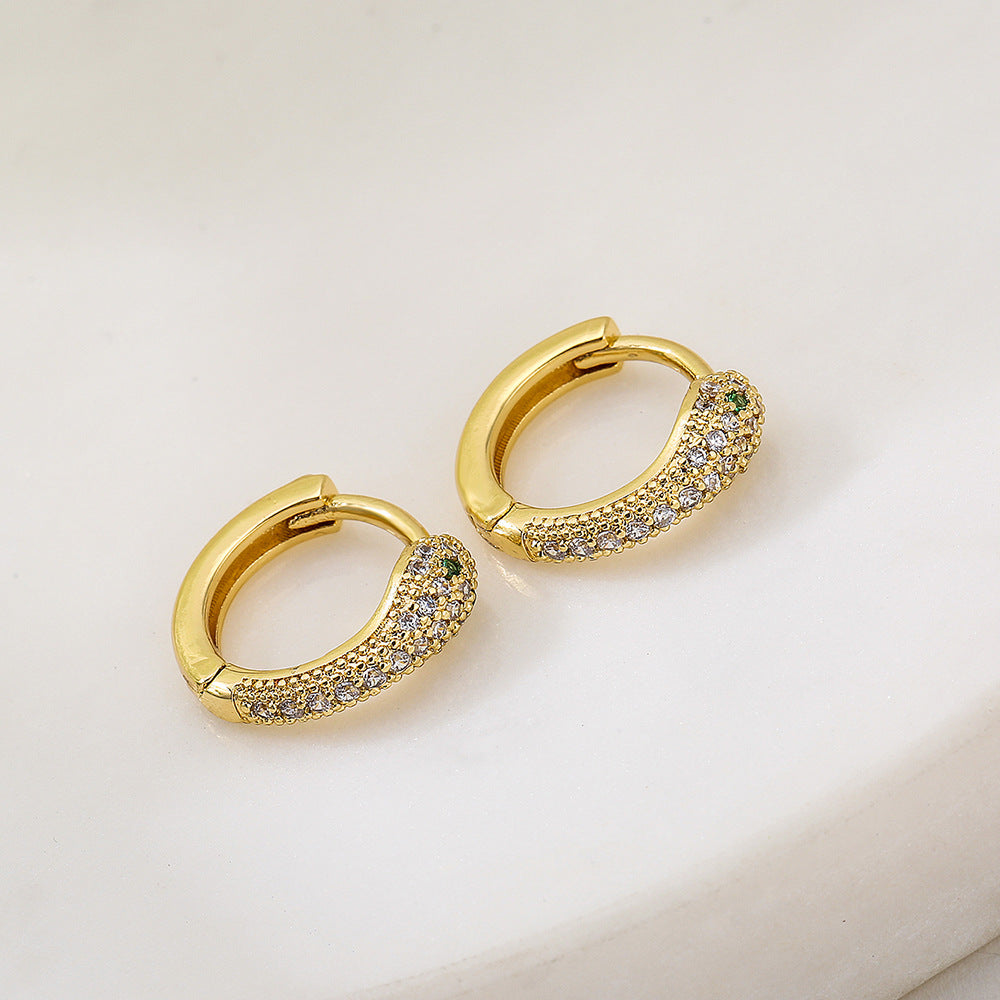 Fashionable Snake-Shaped Geometric Hoop Earrings for Women in Copper with 18K Gold Plating and Micro-Paved Zirconia