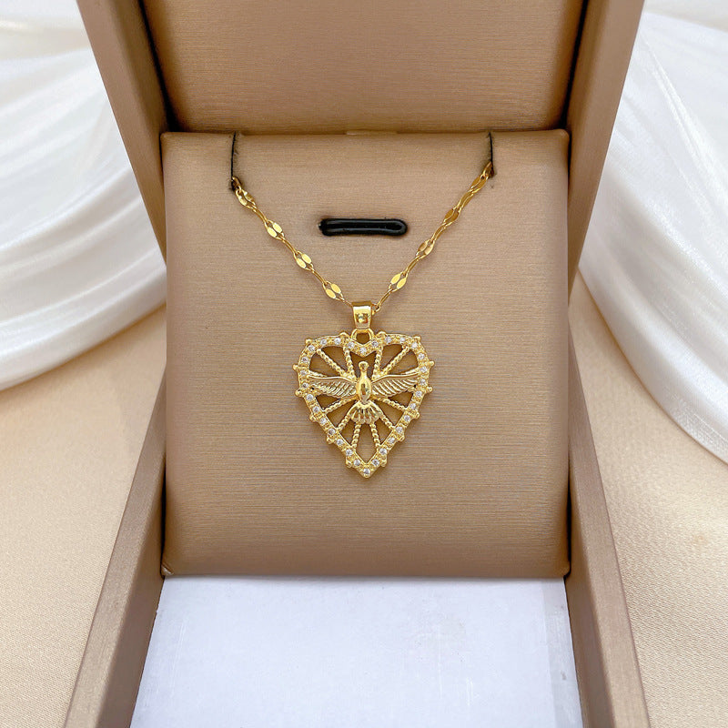 Collana Minimalista a Cuore in Acciaio al Titanio con Motivo Fenice da Donna, Delicata Catena Leggera per Clavicola con Accenti di Strass