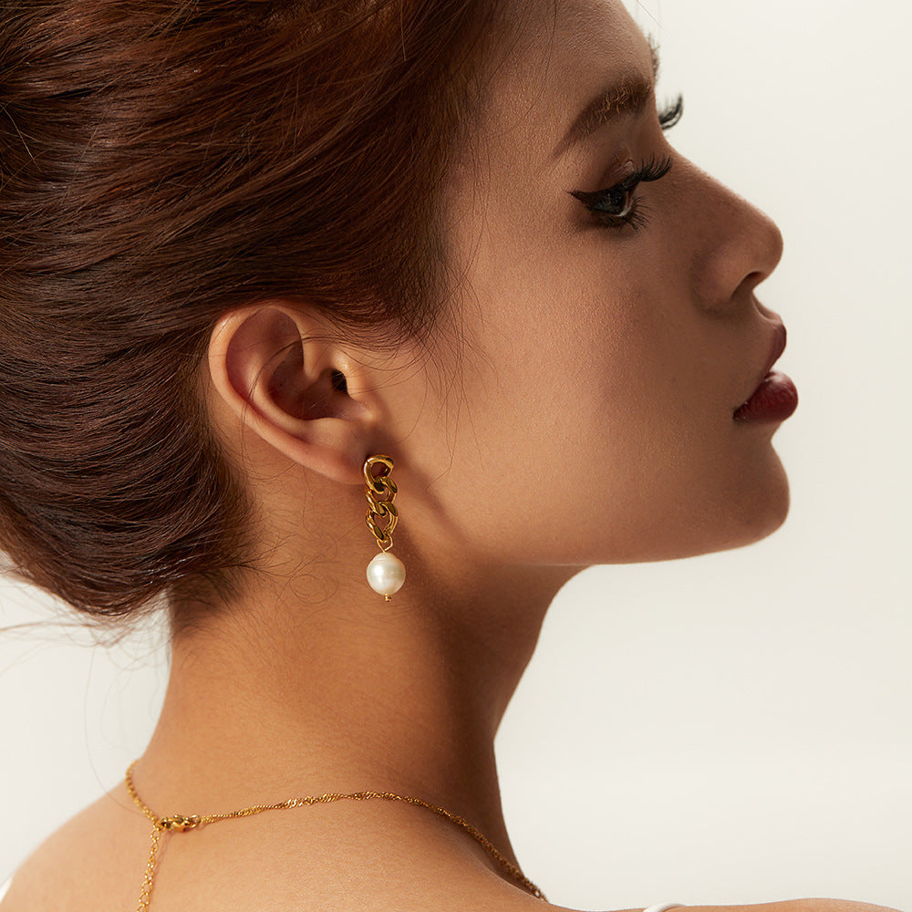 Geometric Baroque Pearl Dangle Earrings with 18K Gold Plated Stainless Steel Cuban Chain for Women