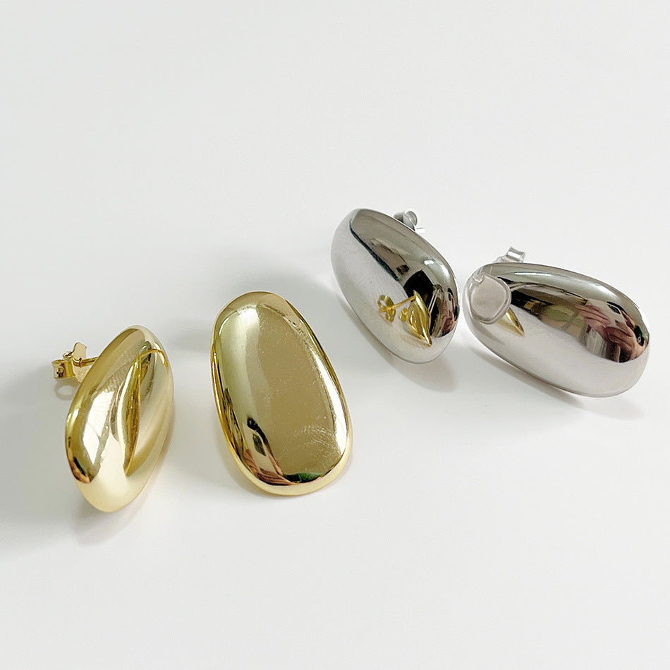 Minimalist 925 Sterling Silver Oval Teardrop Pearl Inlay Earrings with 18K Gold and Platinum Plated Finish