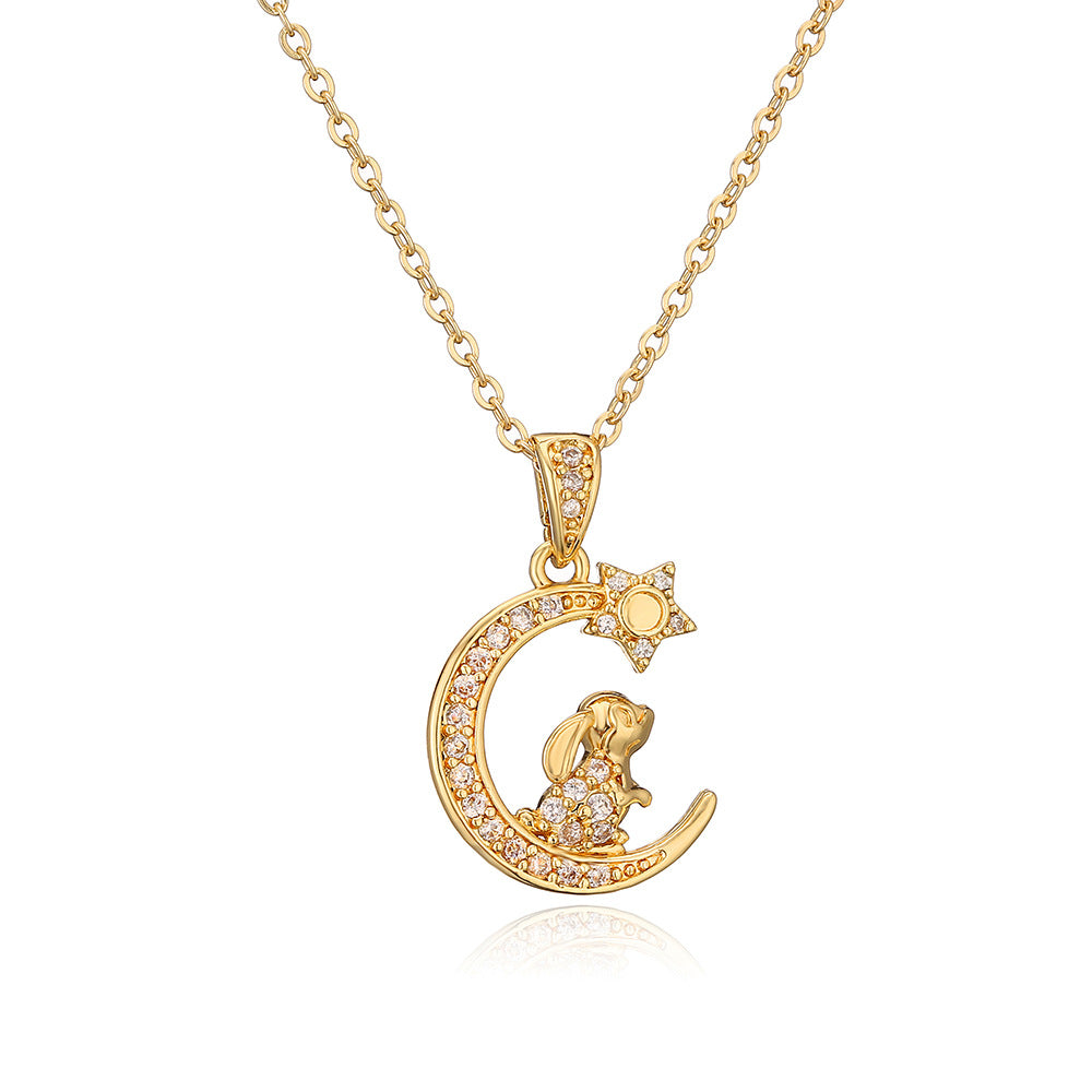Collana con Ciondolo a Cuore Coniglio Lunare Minimalista da Donna in Rame con Placcatura in Oro 18K e Intarsi in Zirconi