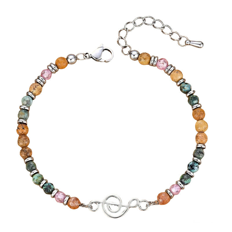 Elegant Geometric Round Crystal Turquoise Beaded Bracelet with Musical Note Pendant for Women