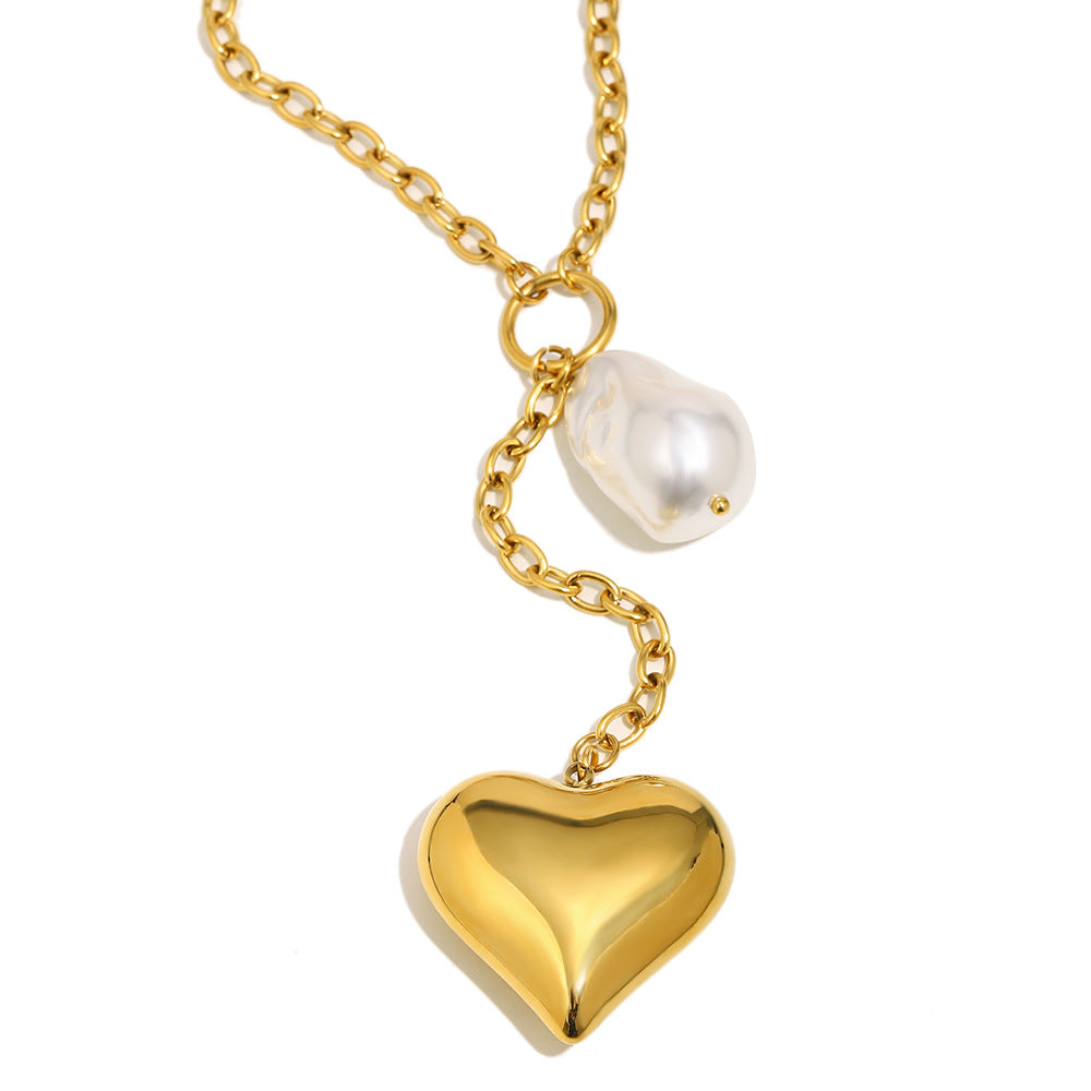 Minimalist Luxe Stainless Steel Pendant Necklace with 18K Gold Plated Heart Charm and Tassel Detail for Women