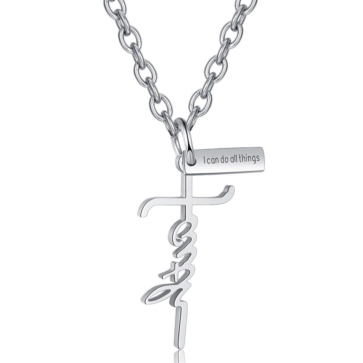 Natural Style Letter and Cross Pendant Necklace in Stainless Steel with Titanium Steel Charm, Polished Finish for Women