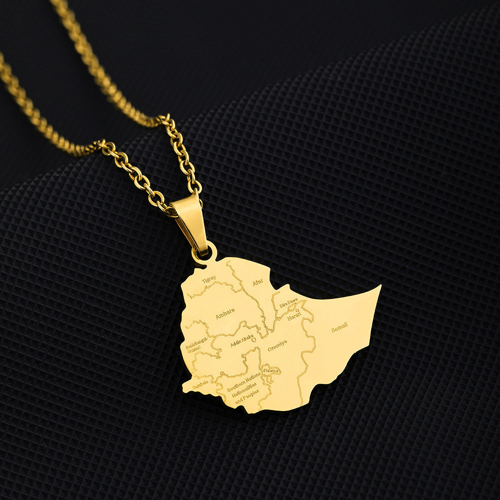 Collana con pendente geometrico smaltato etiope in acciaio inossidabile e acciaio al titanio con finitura placcata per abbigliamento casual unisex
