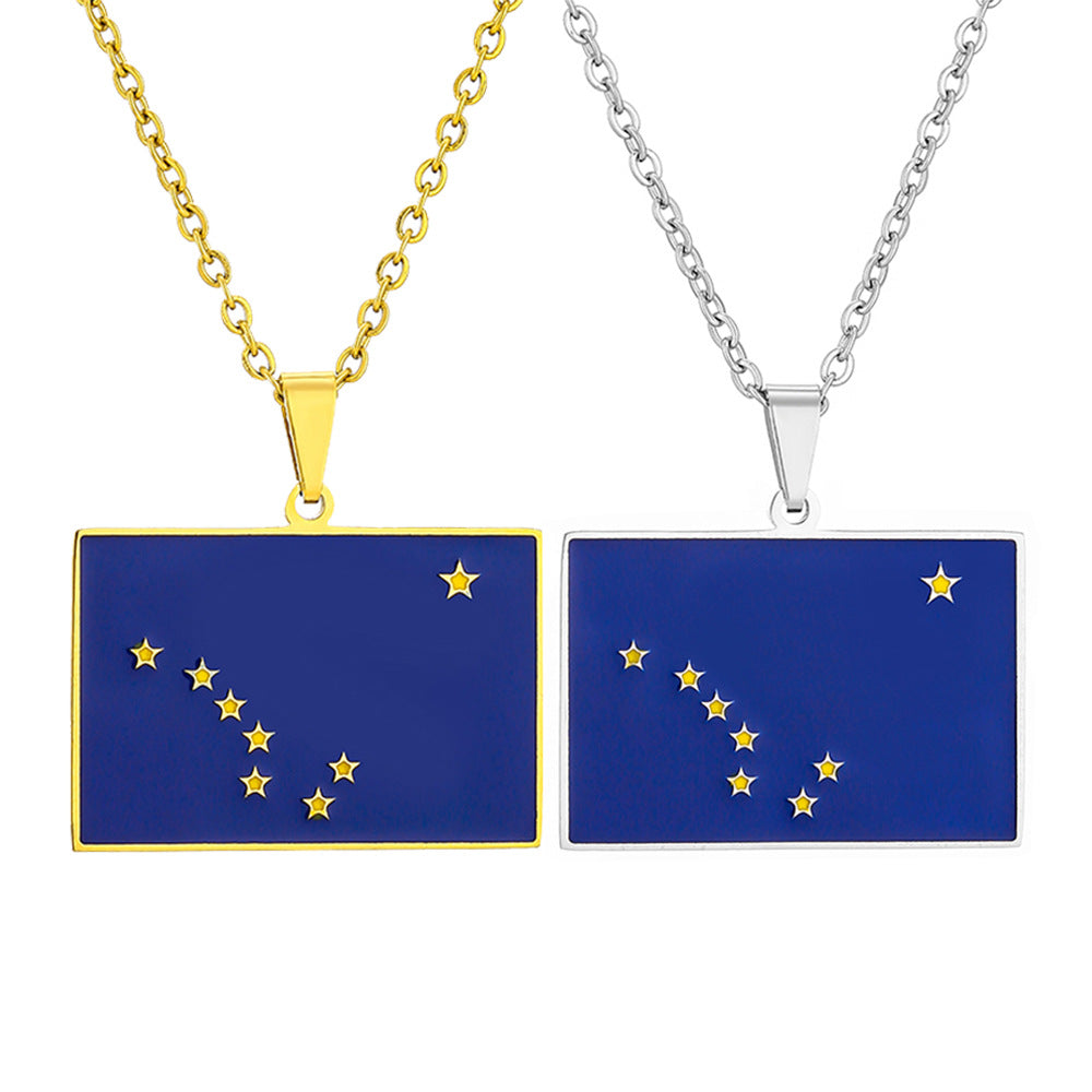 Collar con colgante de la bandera del estado de Alaska geométrica de estilo étnico retro en acero inoxidable con acabado esmaltado en cadena tipo O
