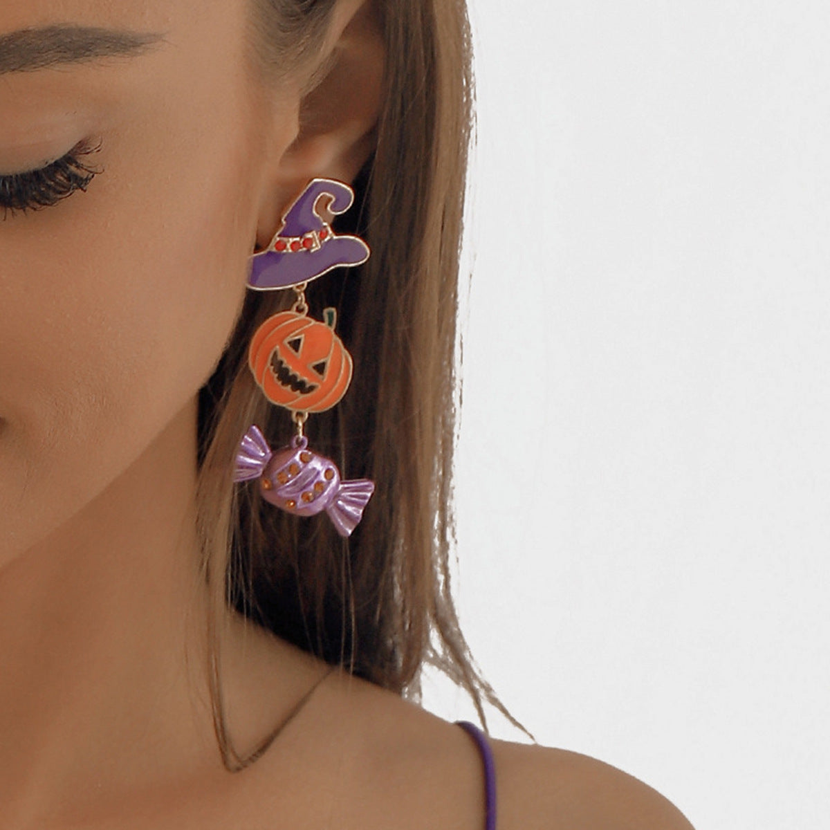 Pendientes llamativos de Halloween con calabaza y calavera, de aleación con detalles de pedrería y acabado galvanizado, para mujer