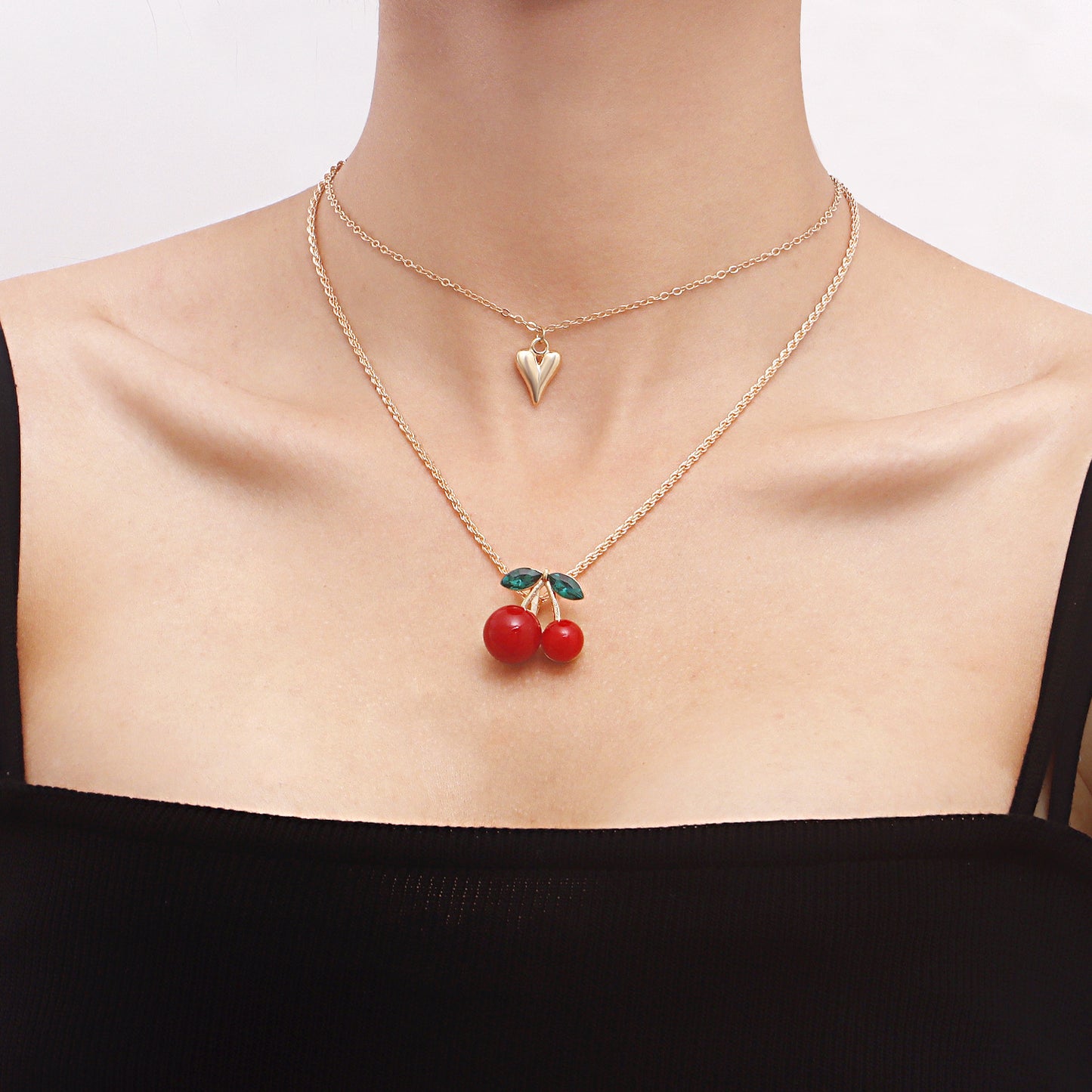 Exaggerated Red Cherry Multi-Layer Heart-Shaped Alloy Pendant Necklace for Women with Plated Finish