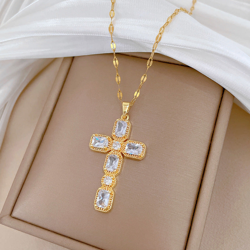 Sweet Minimalist Rhinestone Cross Titanium Steel Necklace Curb Chain Unisex
