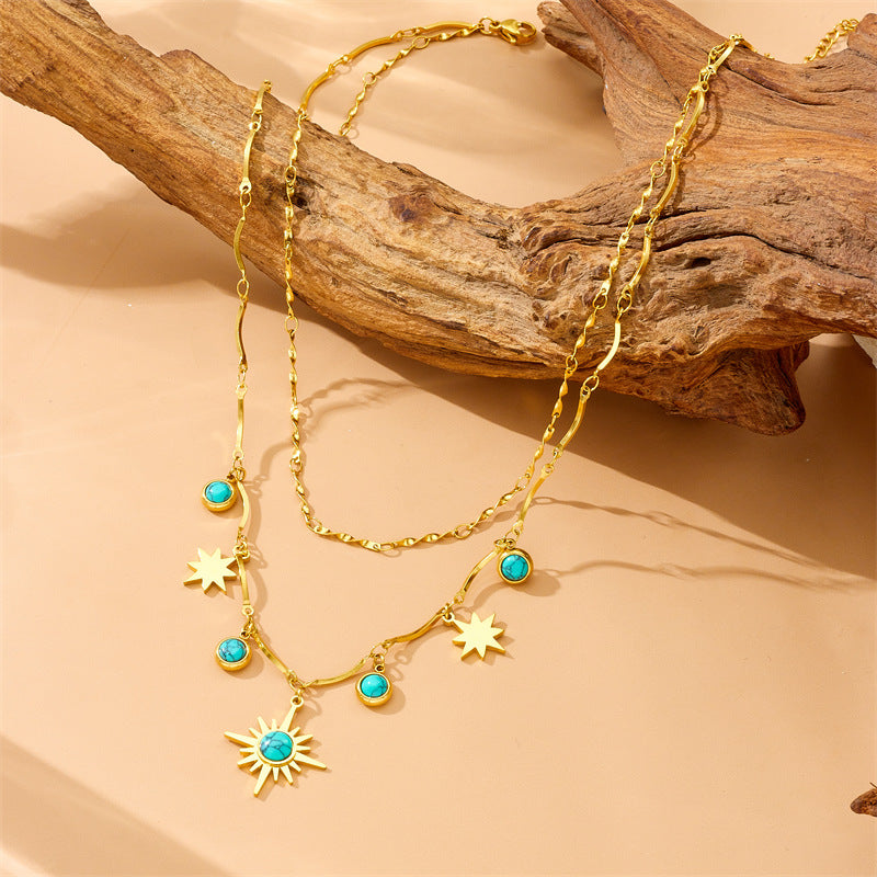 Vintage Bohemian Eight-Pointed Star Plated Stainless Steel Double Layer Necklace for Women