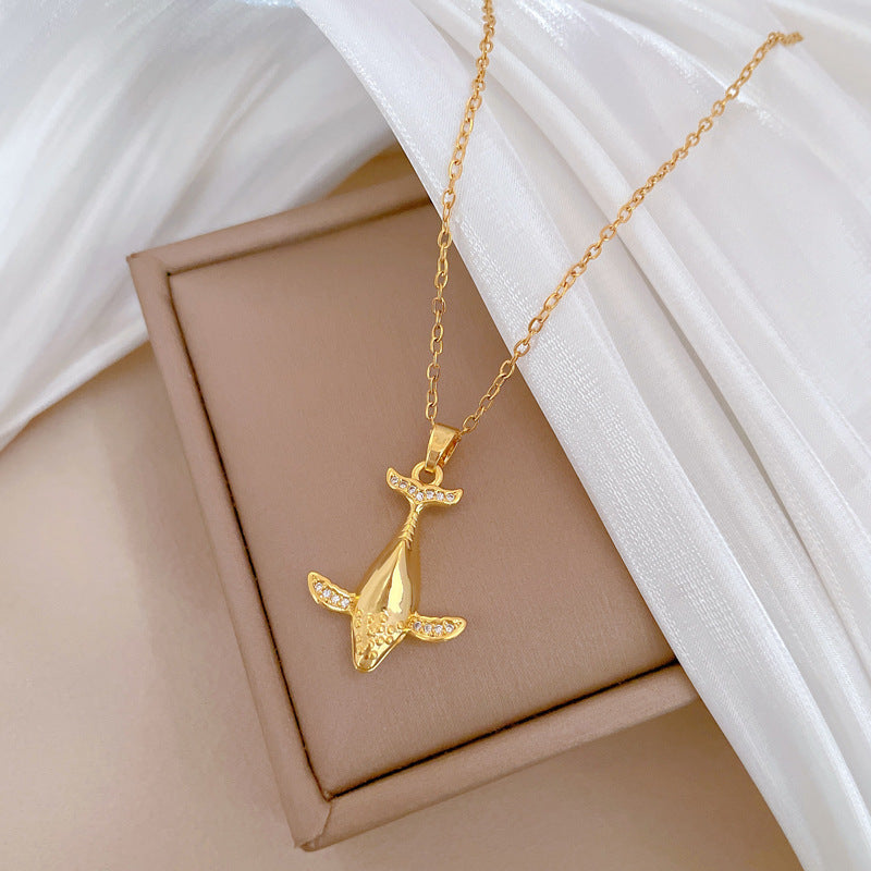 Luxury Titanium Steel Whale Pendant Necklace with Full Rhinestone Inlay Geometric Design for Women and Men, Adjustable Titanium Steel Chain Locket Necklace