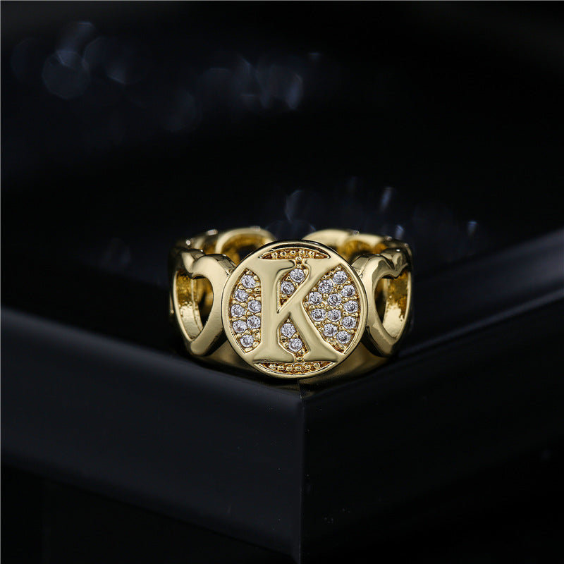 18K Gold Plated Brass Micro-Paved Cubic Zirconia Heart Letter Cuban Link Chain Open Ring for Women